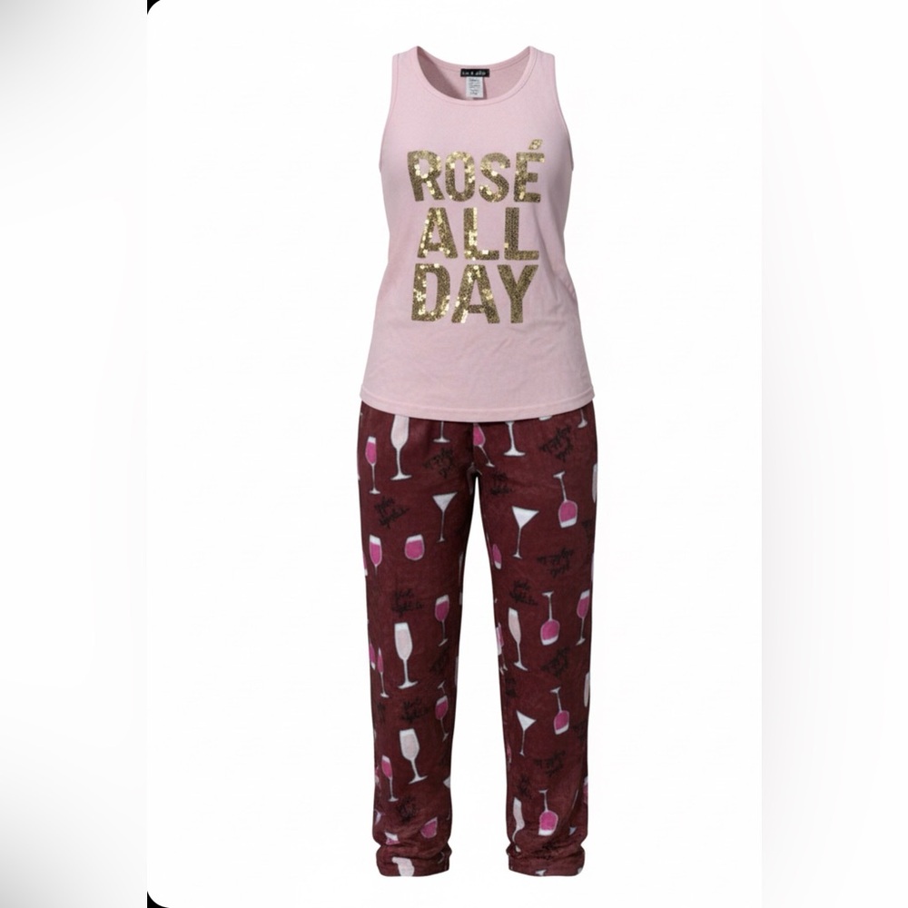 2-Piece Women’s Pink 'Burgundy “Rose All Day Sequin Fleece Loungewear Pajama Set